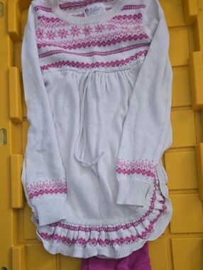 Justice Girls White Knit Sweater Dress with Pink Fair Isle design and leggings.